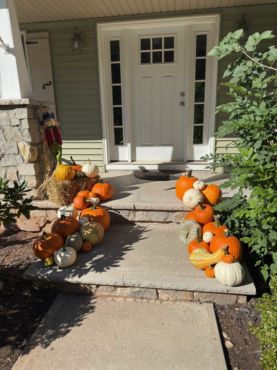 Real fall pumpkin porch display with pumpkins lining the walkway, styled by Pascack Porches