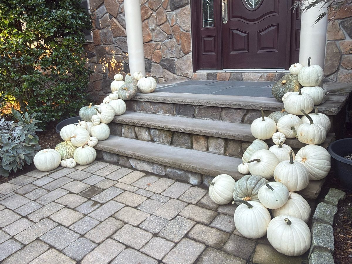 Real Neutral package all-white pumpkin display styled by Pascack Porches in Bergen County NJ